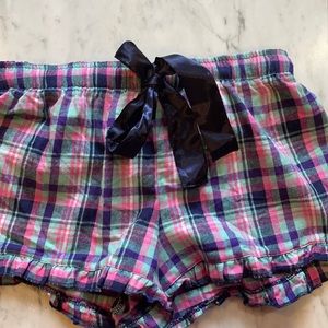 Teal, pink, purple, cozy plaid silk bow ruffle pajama bottoms.